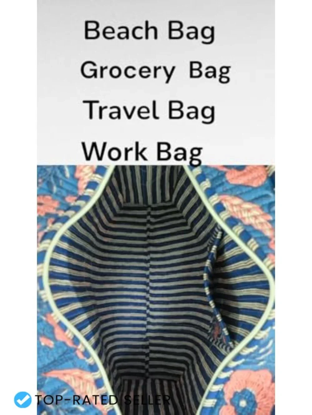 Large Quilted Cotton Tote Bag with Zipper, Handmade Block Print, Travel Tote